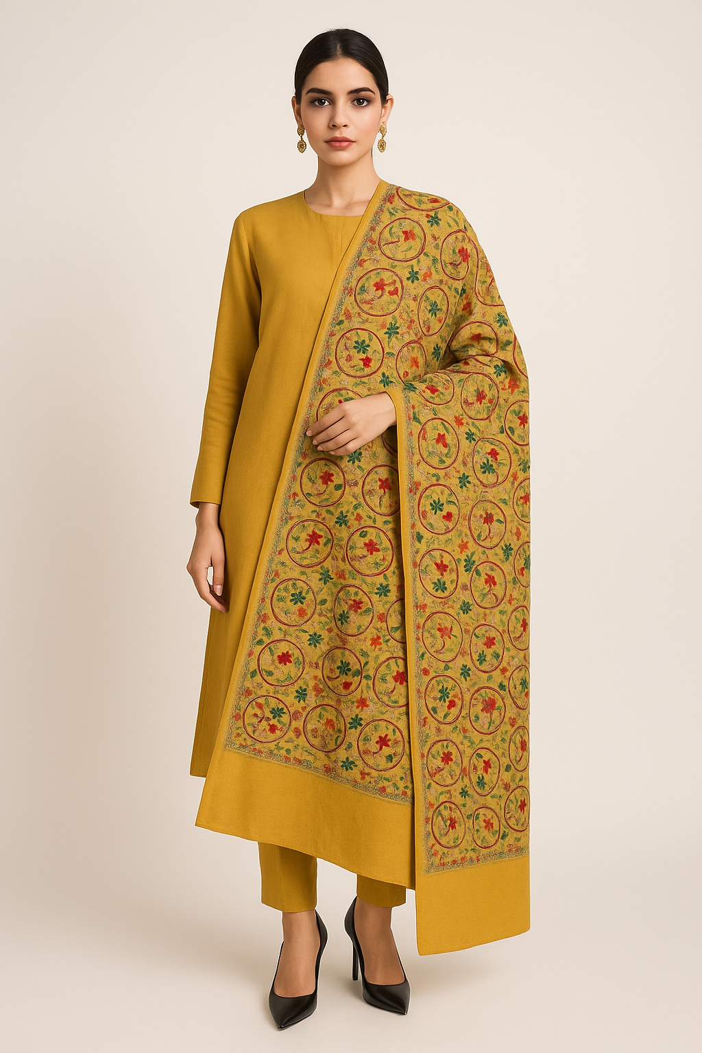 Golden Mustard Pashmina Shawl with Multicolor Aari Embroidery