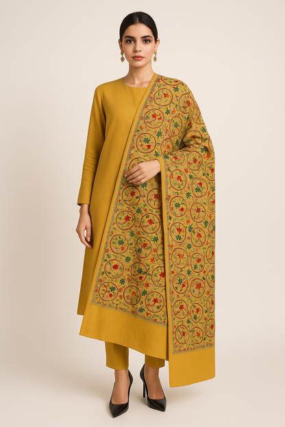 Golden Mustard Pashmina Shawl with Multicolor Aari Embroidery