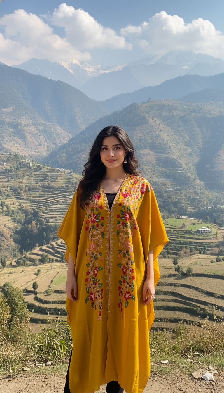 The Saffron Bloom: Embroidered Pashmina Kaftan