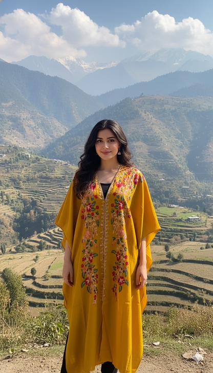 The Saffron Bloom: Embroidered Pashmina Kaftan