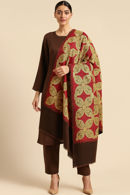Luxury Embroidered Pashmina Shawl – Red & Golden