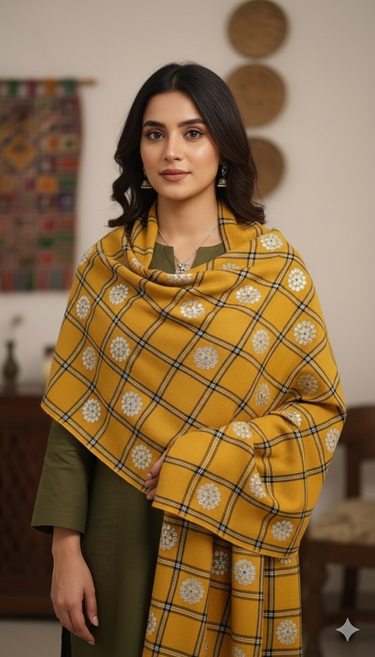 Mustard Checkered Pashmina Shawl with Floral Motifs