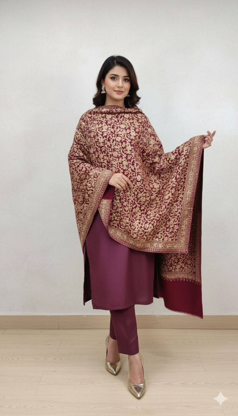 Red & Gold Embroidered Shawl with Maroon Suit