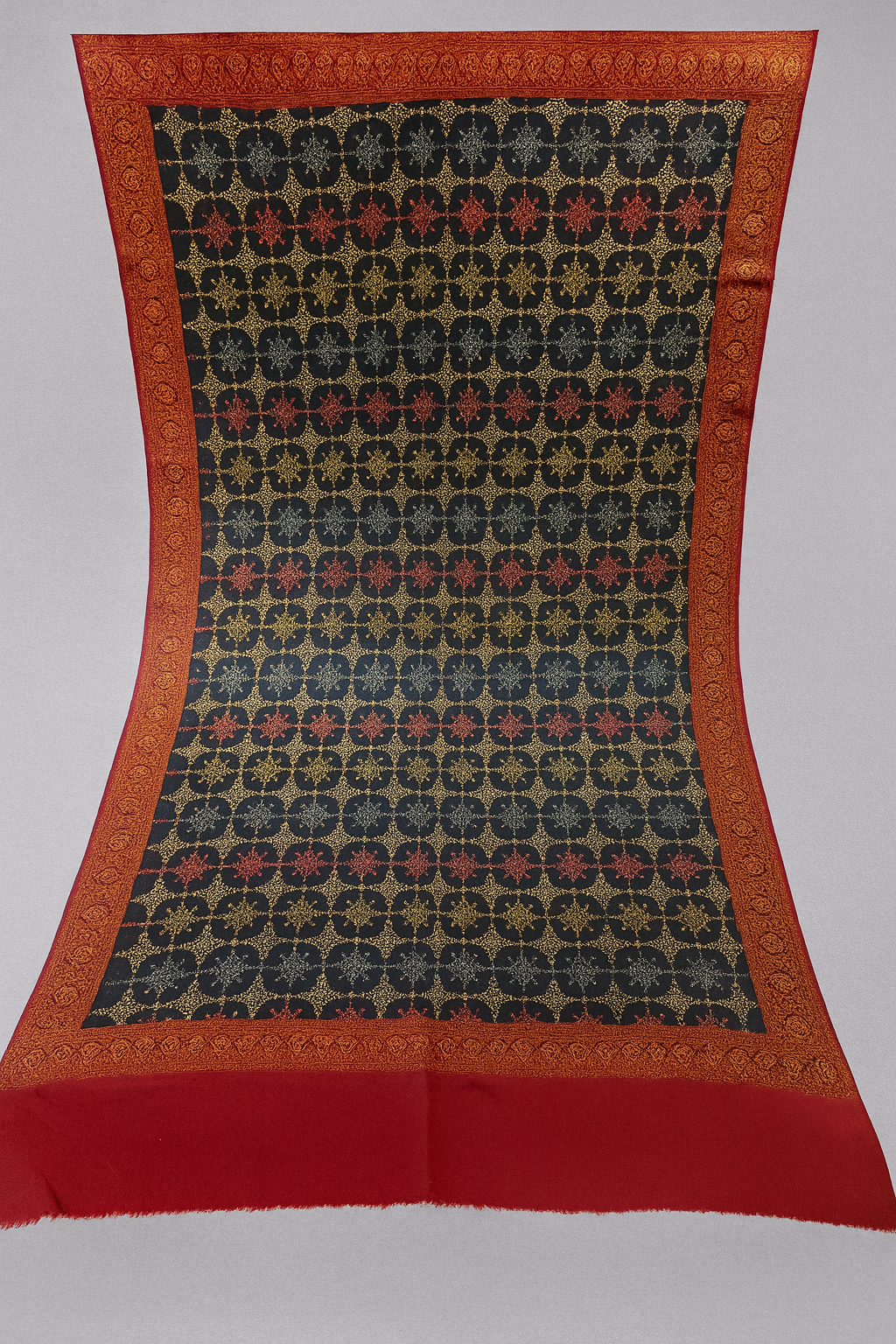 Luxury Pashmina Embroidered Shawl  Black & Deep Red with Golden Motifs