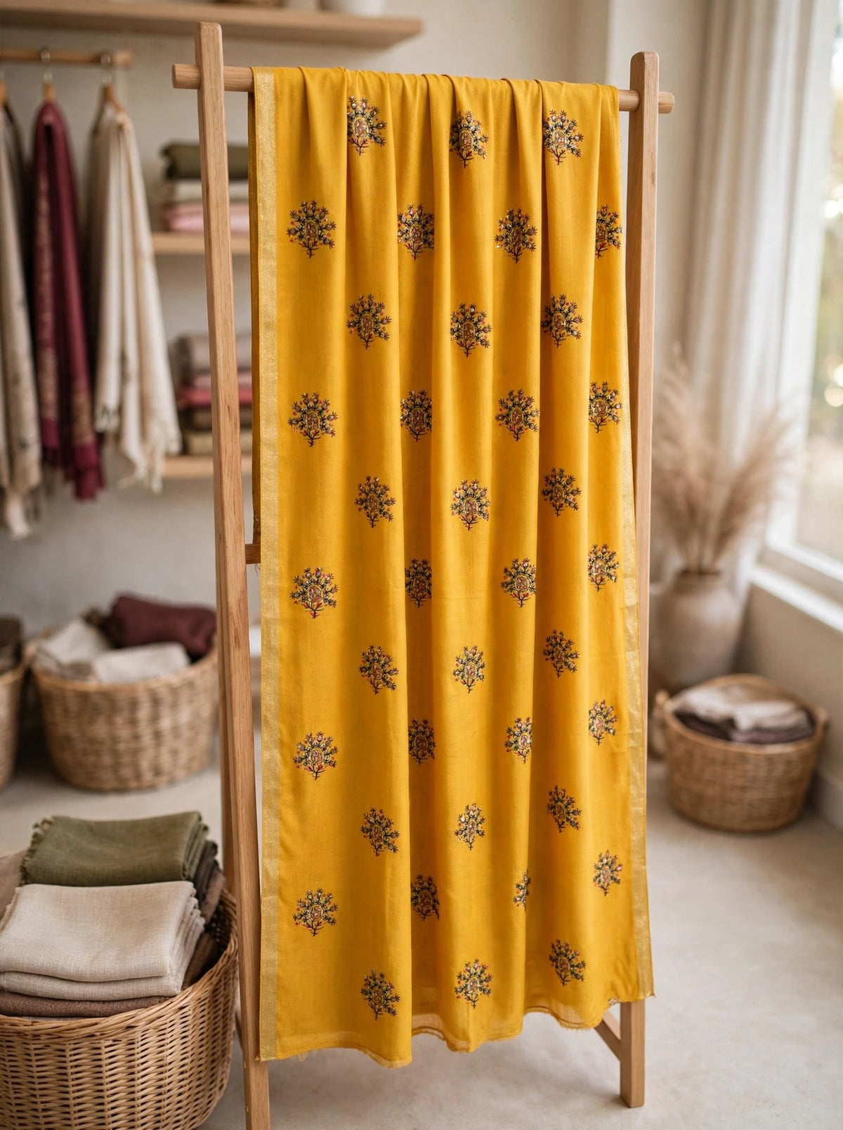 Mustard Embroidered Pashmina Shawl with Gold Zari Border | Booti Work Winter Shawl for Women