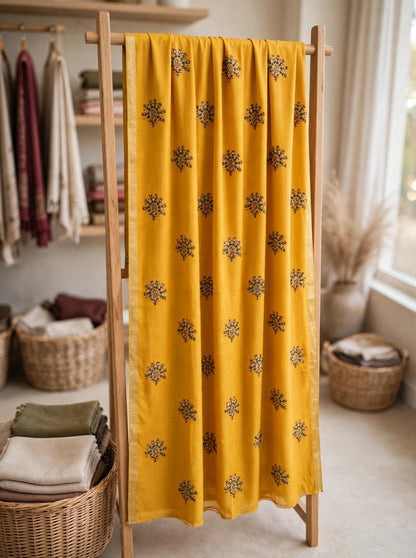 Mustard Embroidered Pashmina Shawl with Gold Zari Border | Booti Work Winter Shawl for Women