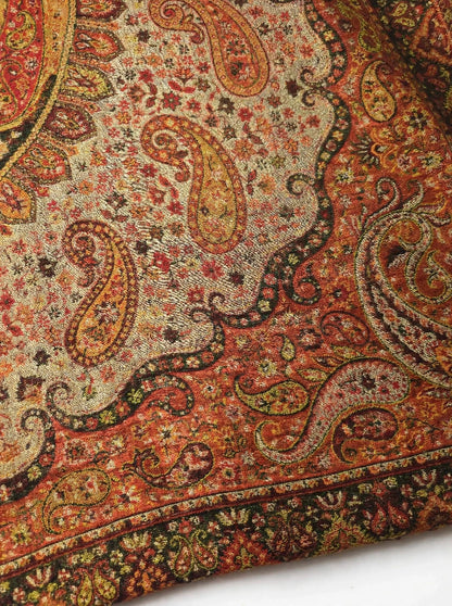 Heritage Jama Silk Zari Shawl Rust Orange & Gold Paisley Work