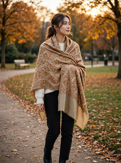 Noor Beige -aari  Embroidered Pashmina Shawl with Aari Work