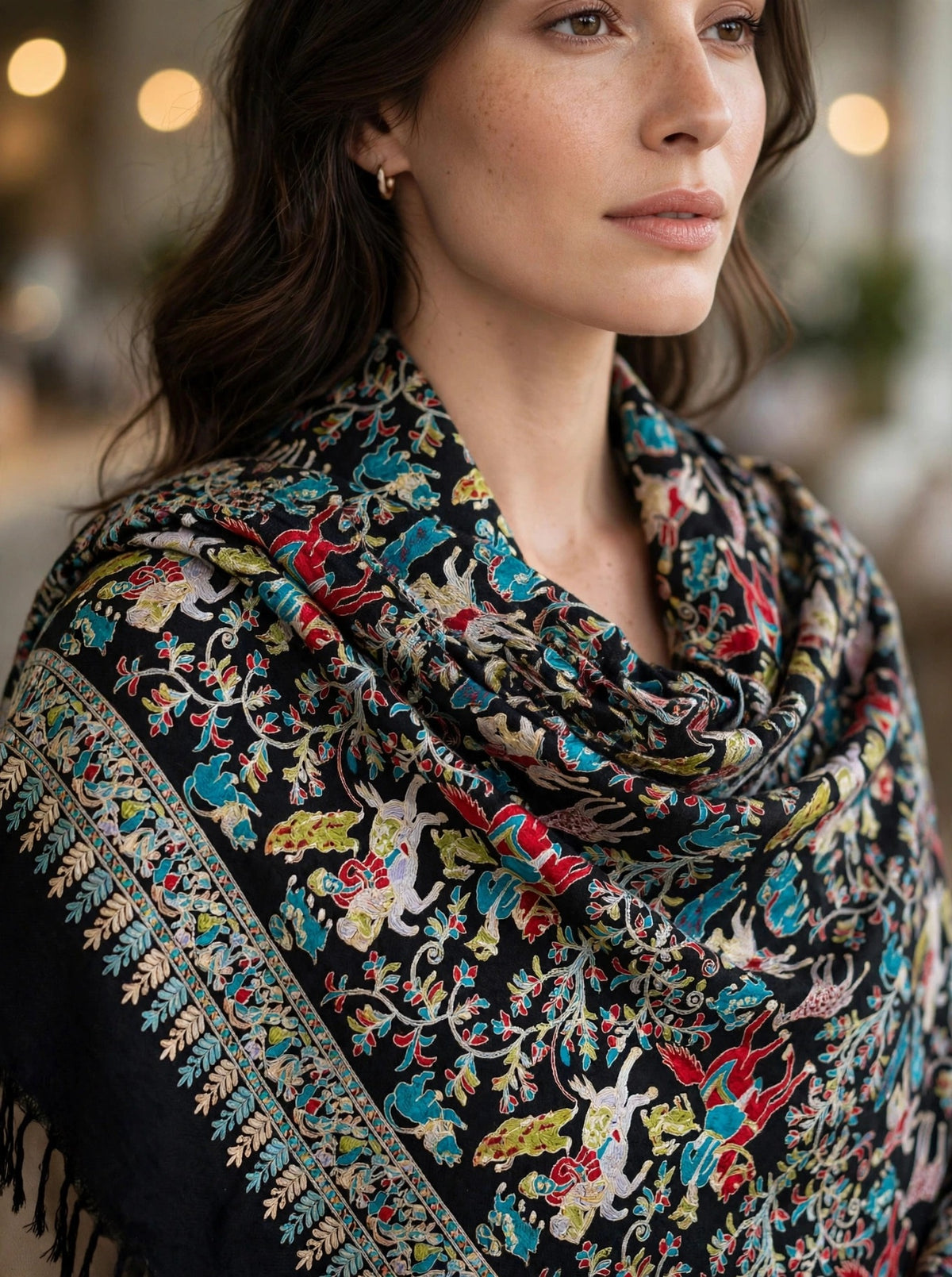 Black Shikargah Kani Pashmina Shawl  Multicolor Hunting Scene Embroidered Wool Shawl