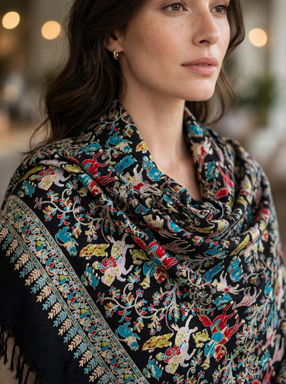 Black Shikargah Kani Pashmina Shawl  Multicolor Hunting Scene Embroidered Wool Shawl