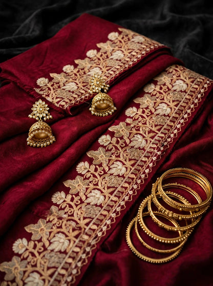 Noor - Maroon Gold Embroidered Pashmina Shawl | Kashmiri Aari Work