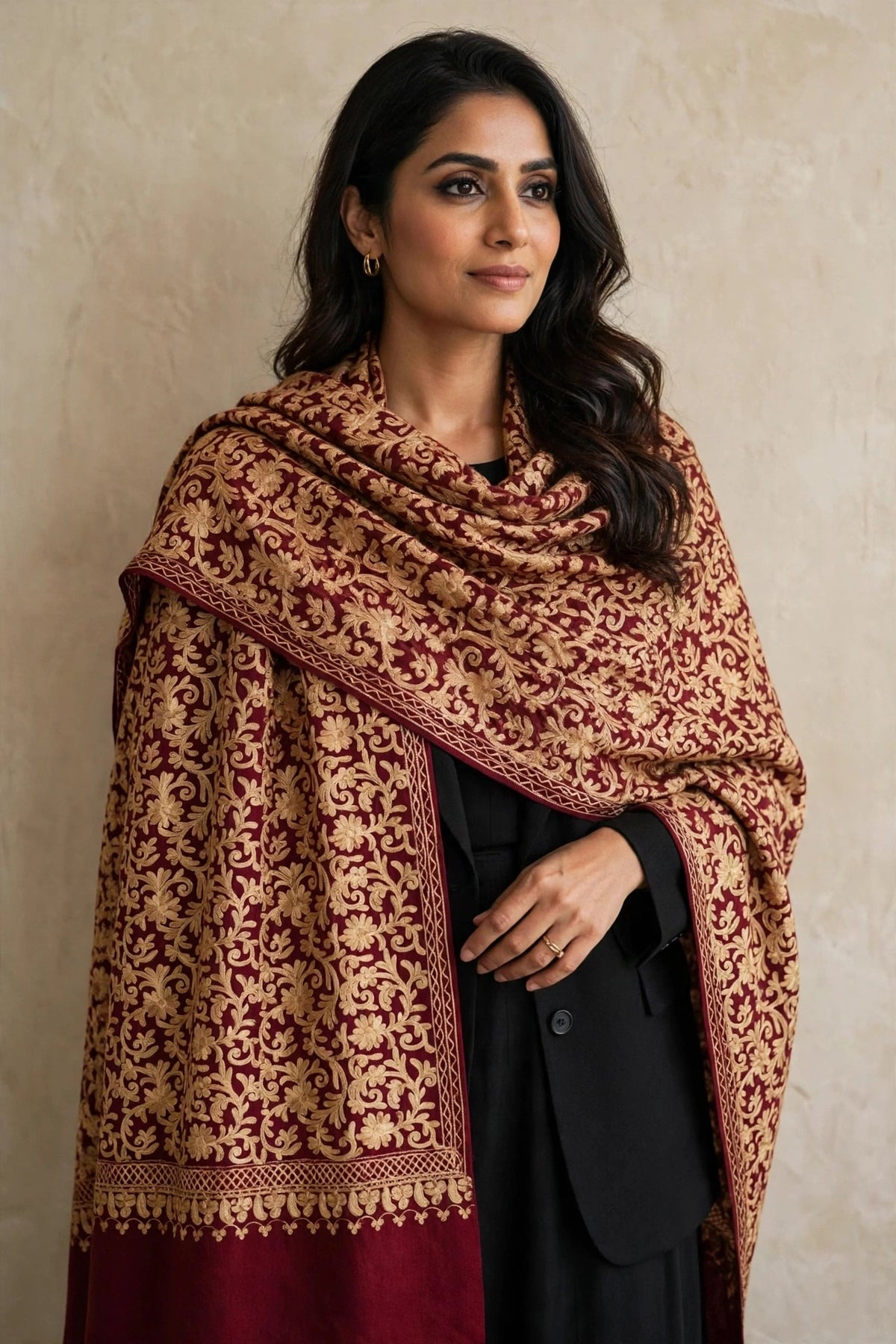 Maroon Pashmina Shawl Gold Aari Embroidery