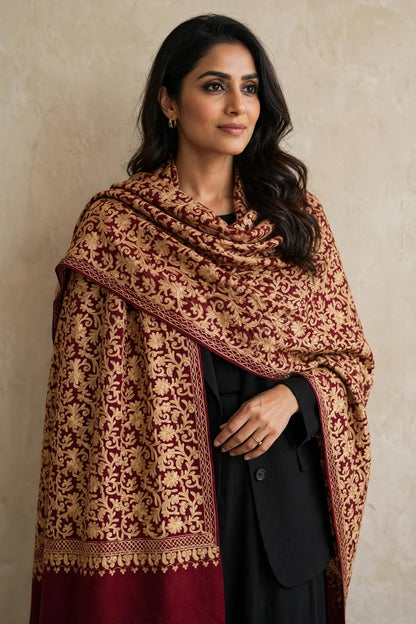 Maroon Pashmina Shawl Gold Aari Embroidery