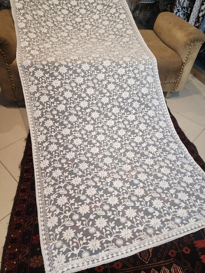 Timeless White Floral Chikankari-Style Chiffon Dupatta