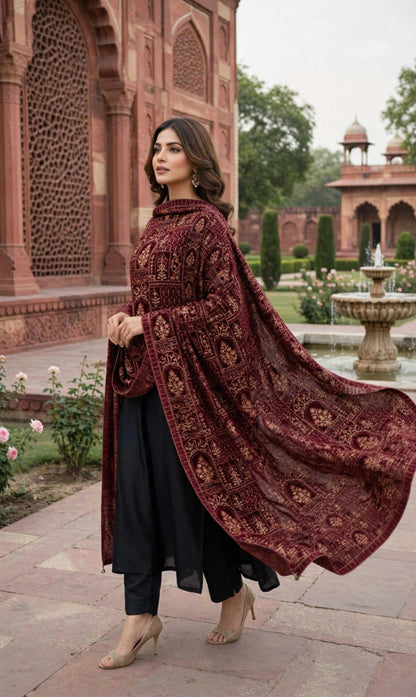 Luxurious Maroon Velvet Embroidered Shawl  Intricate Golden tilla Work Wrap