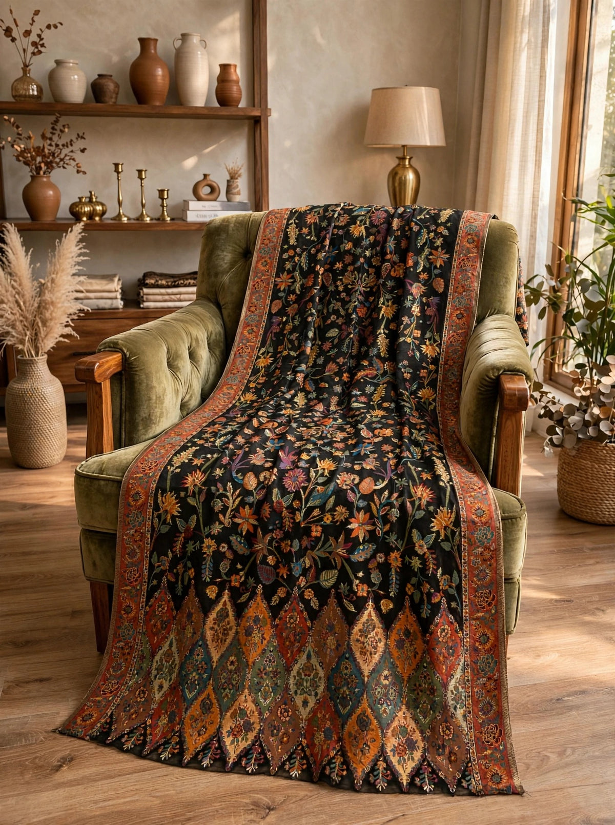 Heirloom Black Floral Kani Silk Dupatta - Pure Handwoven Kashmiri Luxury