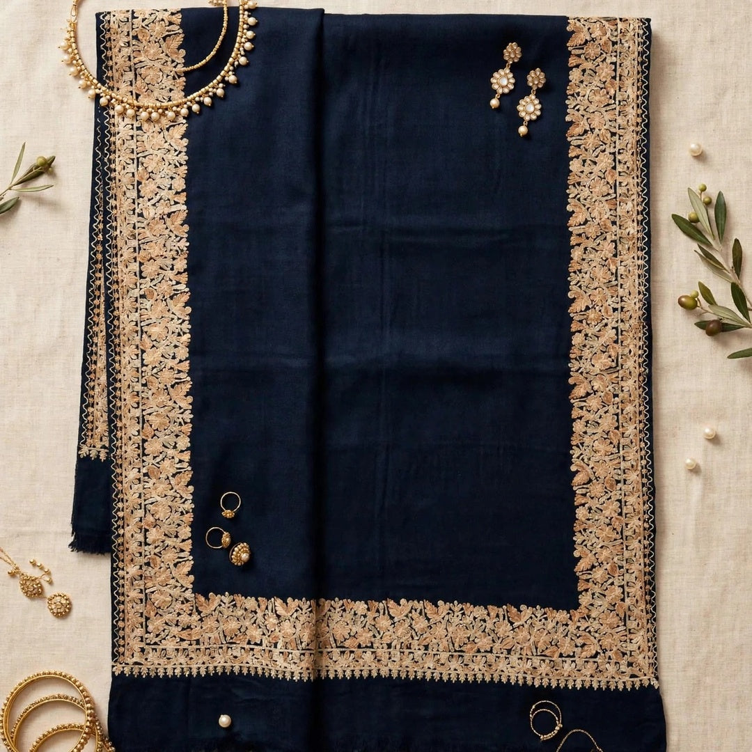 Midnight Navy Pure Pashmina Shawl with 4-Side Heavy Aari Embroidery Border - Beige Floral