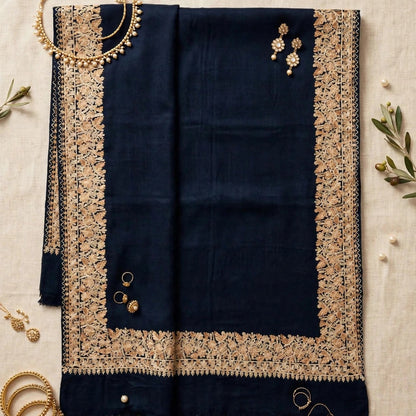 Midnight Navy Pure Pashmina Shawl with 4-Side Heavy Aari Embroidery Border - Beige Floral