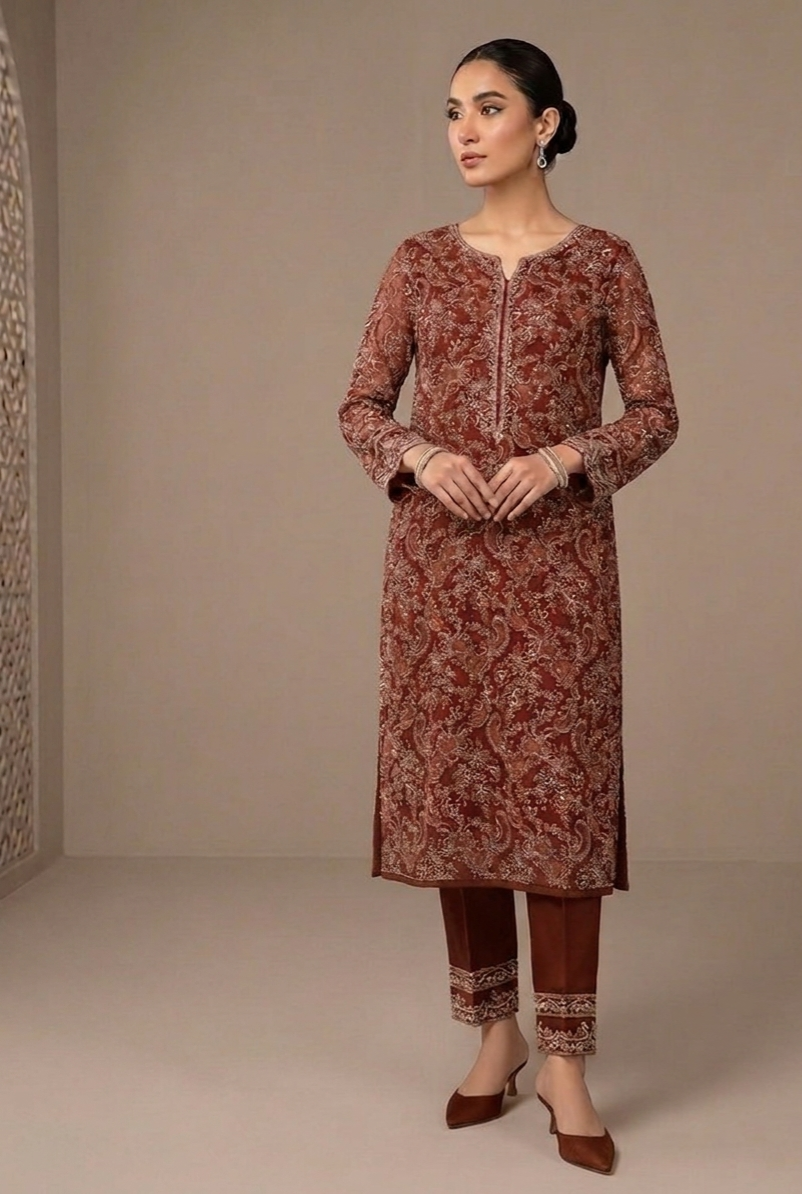 Timeless Elegance | Laser-Cut Chiffon Embroidered 3-Piece Suite - Cocoa Brown