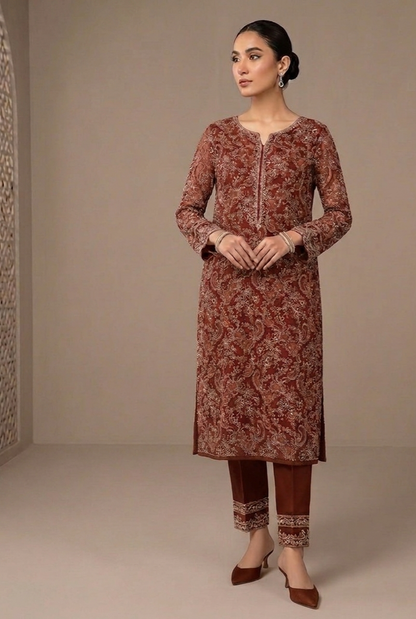 Timeless Elegance | Laser-Cut Chiffon Embroidered 3-Piece Suite - Cocoa Brown