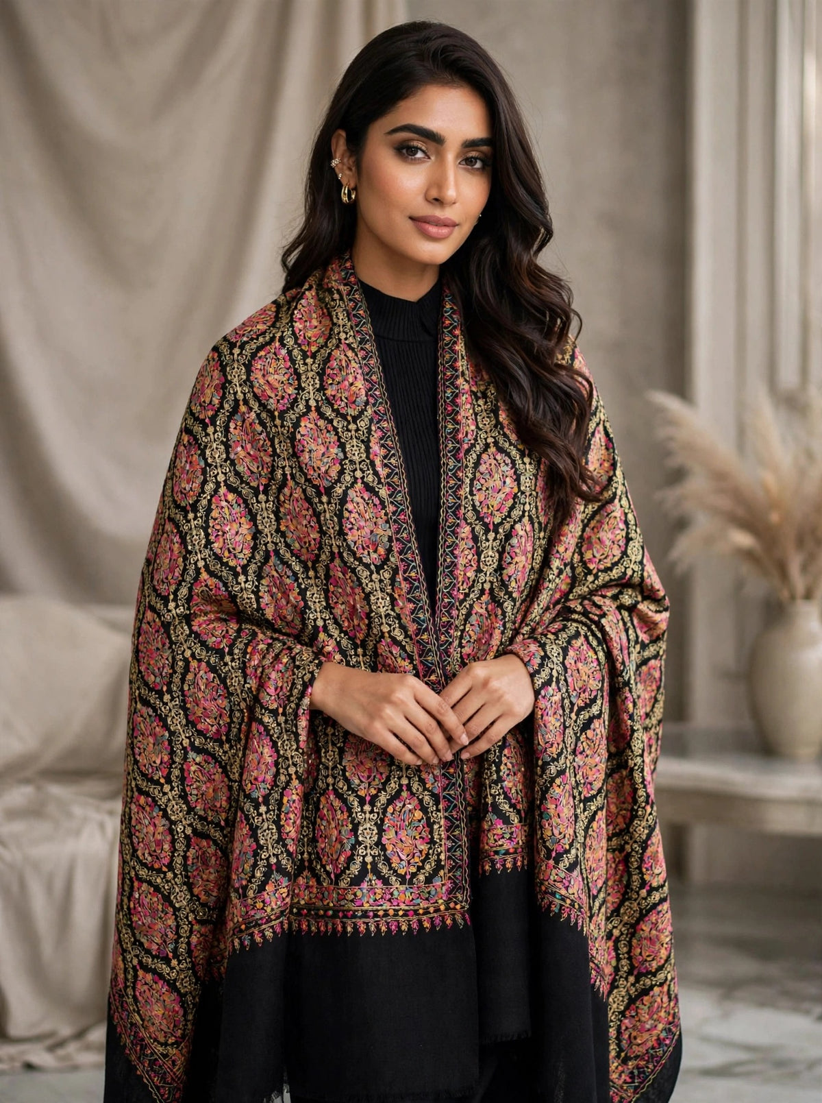 Black Pashmina Shawl with Multicolor Aari Embroidery