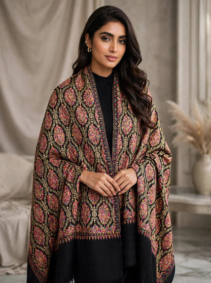 Black Pashmina Shawl with Multicolor Aari Embroidery