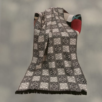 Elegant Black & Beige Wool Stoler  Geometric Floral Pattern