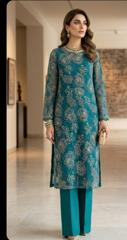 Teal Elegance: Laser-Cut Embroidered Shirt & Chiffon Dupatta Set