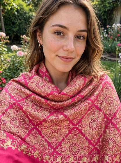 Pink Gold Diamond Jaal Pashmina Shawl - Luxury Embroidered Winter Shawl