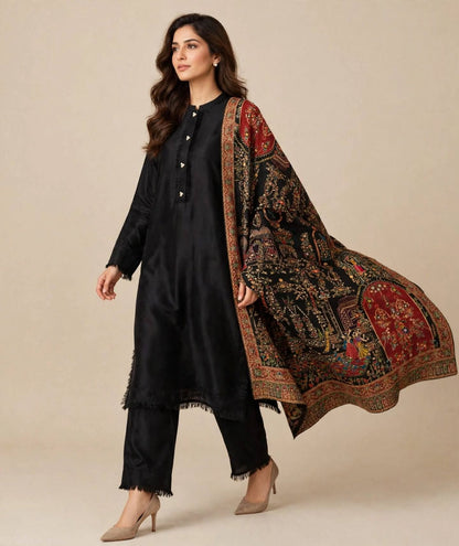 Noir Raqs - Premium Black Meenakari Shawl with Mughal Storytelling Art