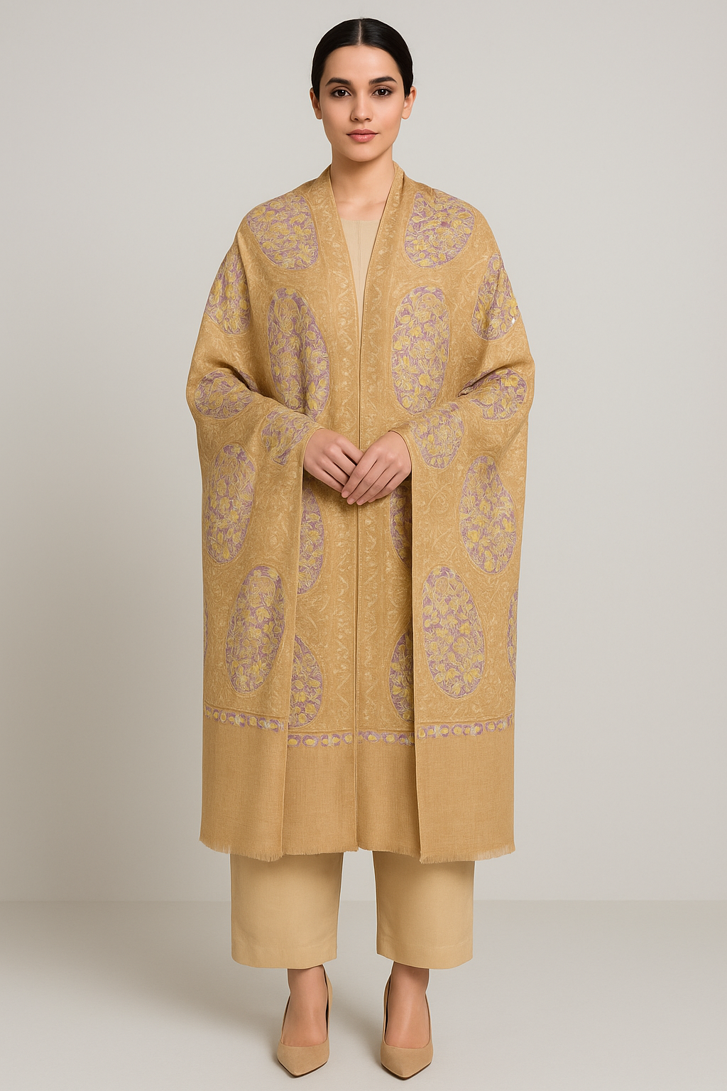 Golden Beige Pashmina Shawl with Pastel Paisley Embroidery