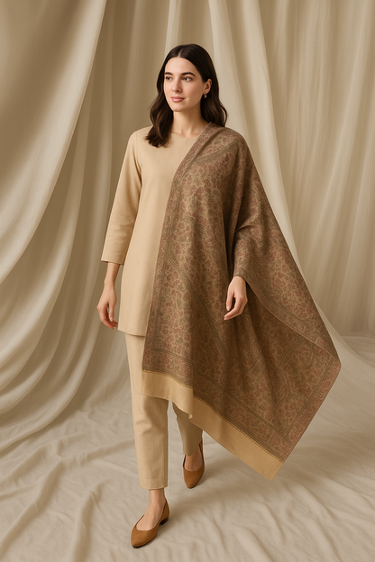 Elegant Needle Embroidery Pashmina Shawl Soft Taupe & Rose Hues