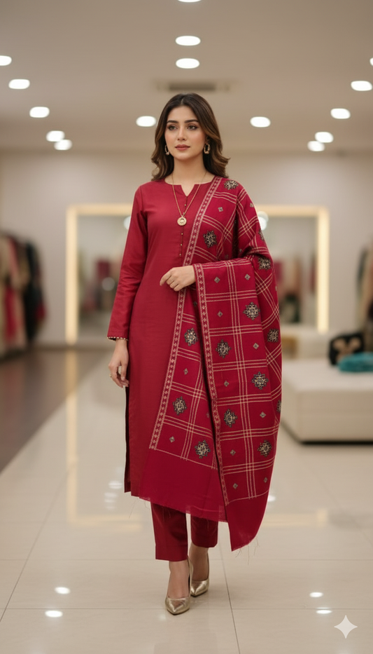 Maroon Embroidered Pashmina Shawl