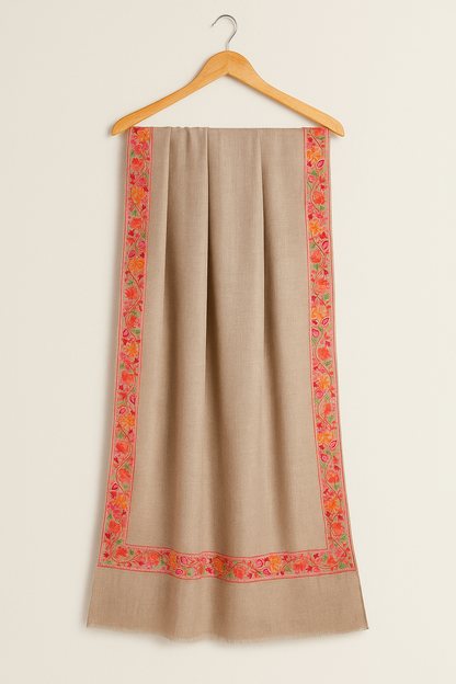 Luxury Pashmina Shawl with 4-Side Floral Embroidered Border
