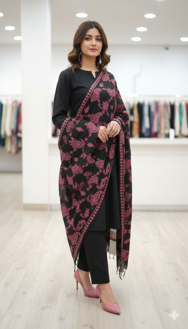 Black Embroidered Karandi Shawl