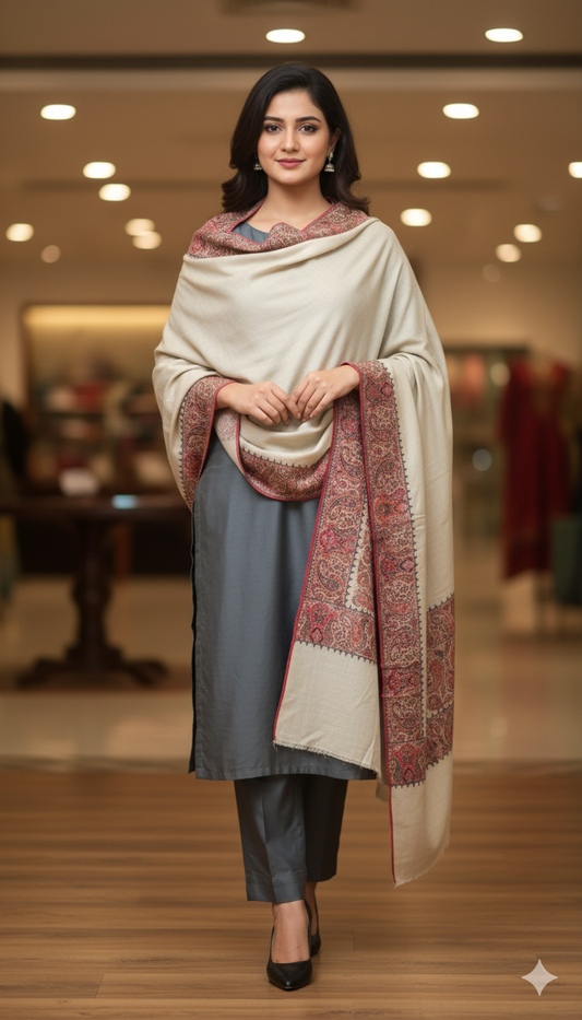 Elegant Ivory Pashmina Shawl with Intricate Paisley Border