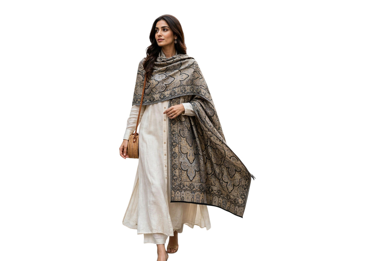 Luxury Black Gold Kani Silk Pashmina Shawl with Zari | Handmade Kashmiri Jama Shawl