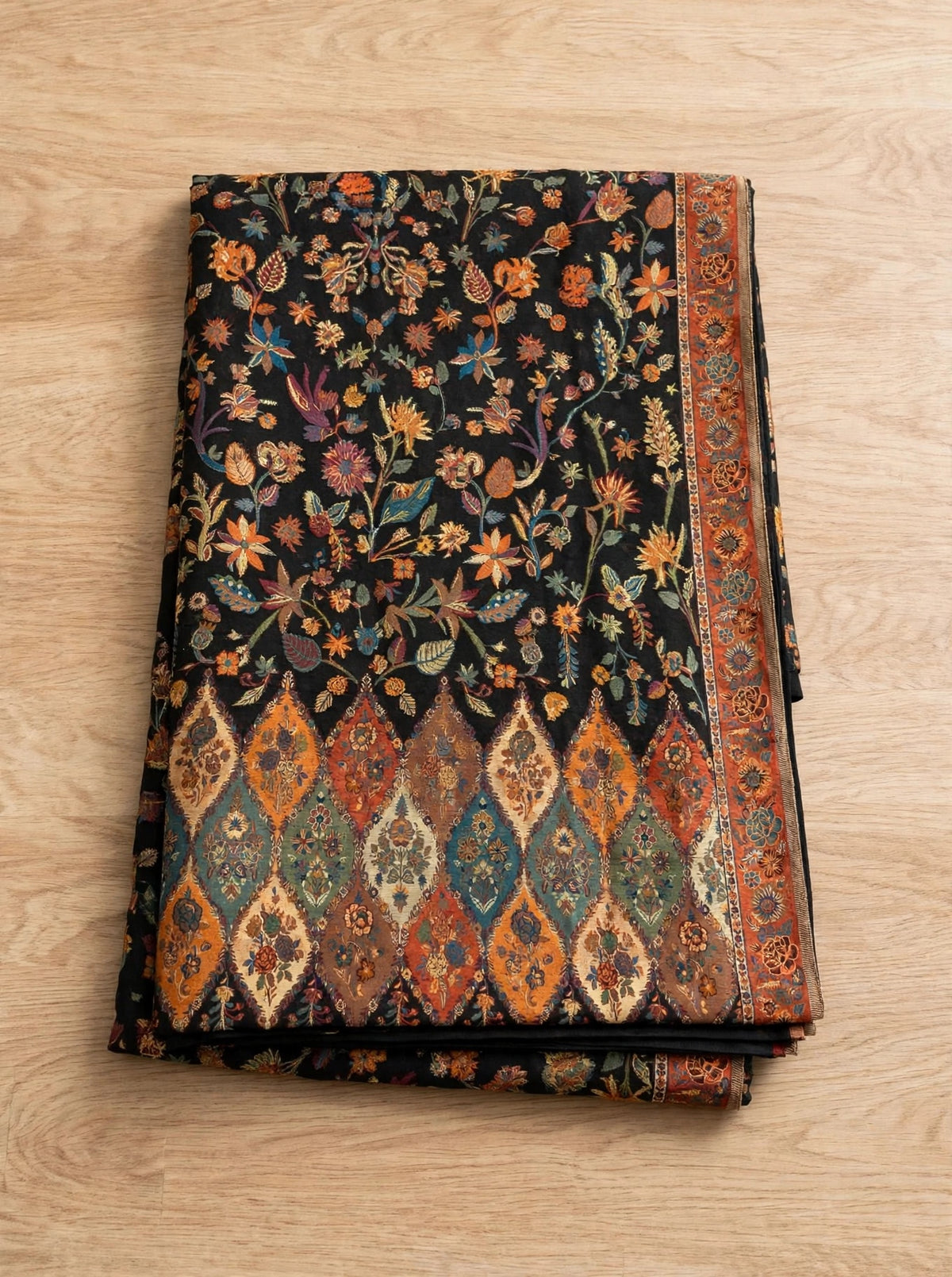 Heirloom Black Floral Kani Silk Dupatta - Pure Handwoven Kashmiri Luxury