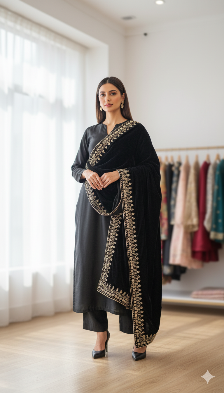 Hand-Embroidered Velvet Shawl