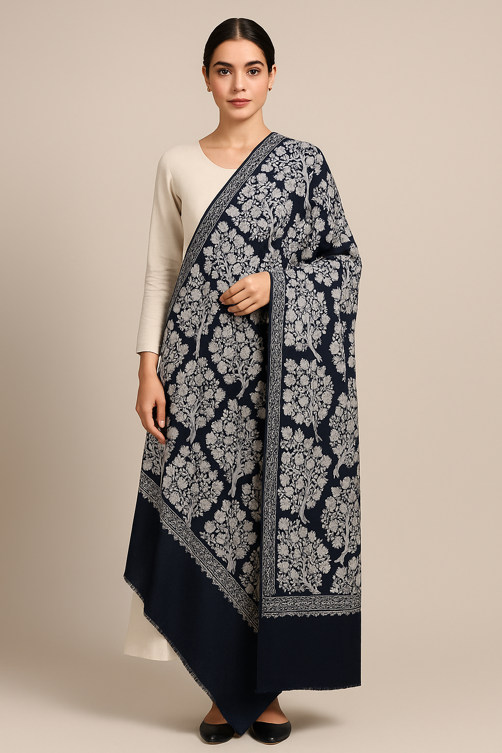 Navy Blue Aar Embroidered Pashmina Shawl  Tree of Life Design