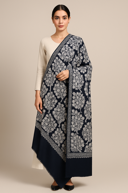 Navy Blue Aar Embroidered Pashmina Shawl  Tree of Life Design