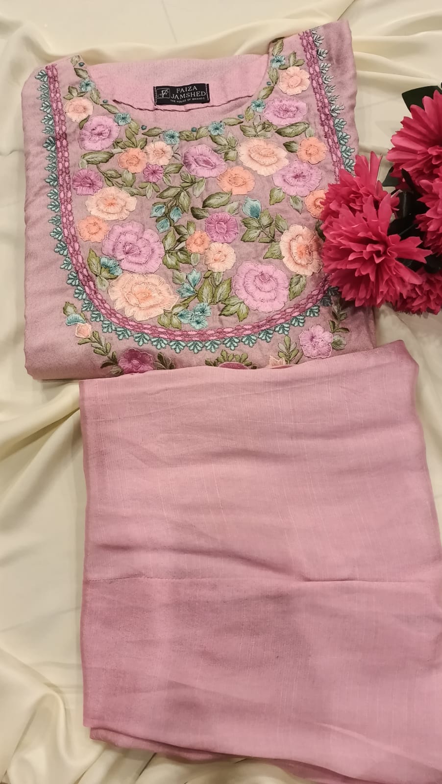 Pink Cotton Salwar Kameez Set with Floral Embroidery - 3 Piece Festive Suit with Crush  Silk Dupatta -