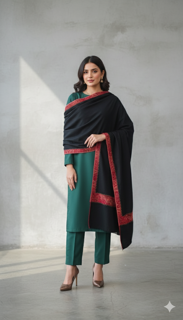 Black Pashmina Shawl with Red Zari Border