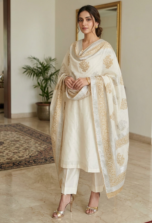 Hand-Block Printed Cotton Net Dupatta with Greek Key & Floral Border