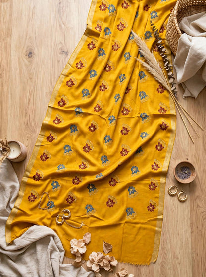Mustard Bloom - Embroidered Pashmina Shawl with Floral Booti & Zari Border