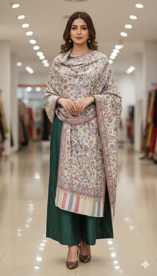 Luxury Handwoven Pashmina Kani Shawl  Multicolor Floral Heritage