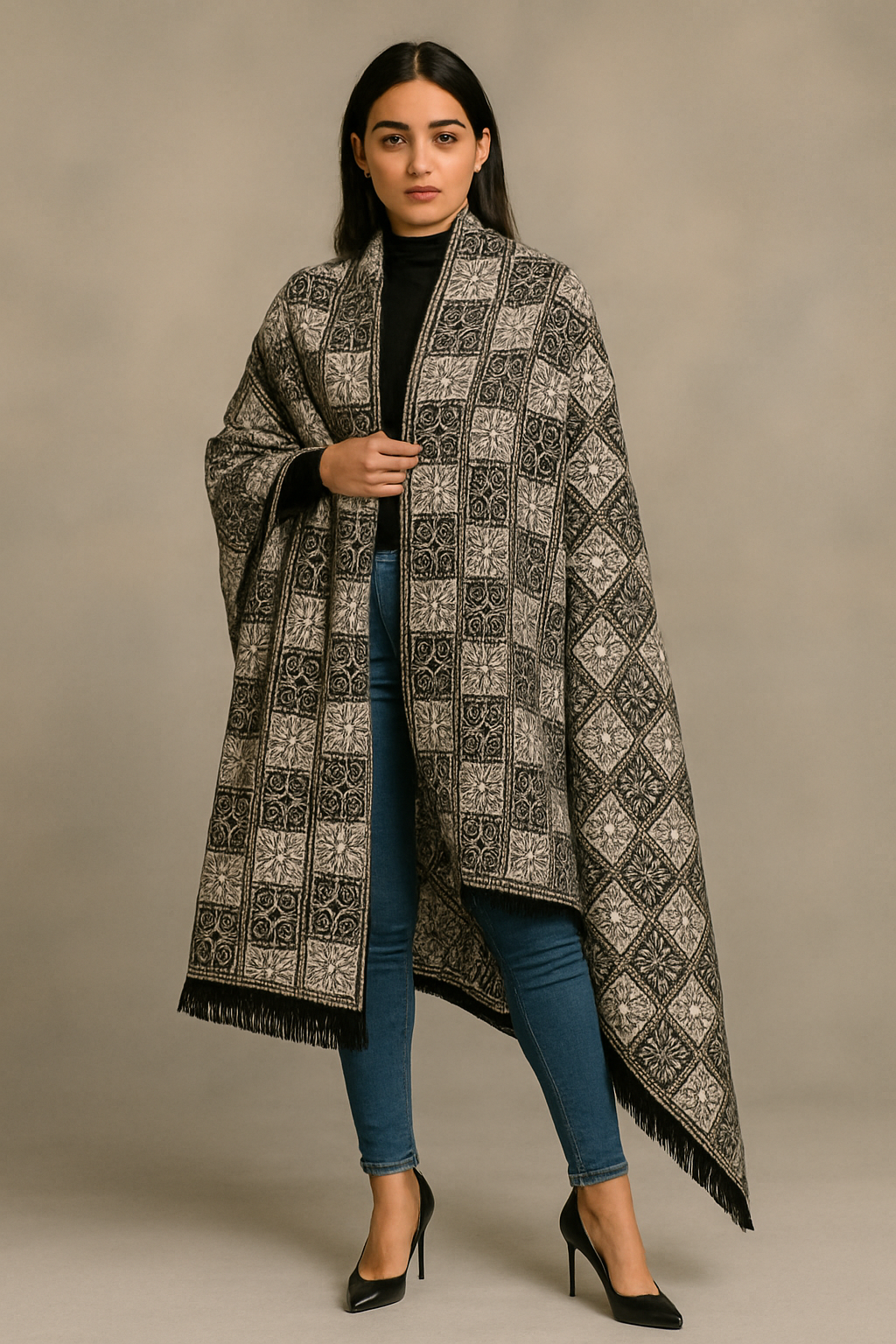 Elegant Black & Beige Wool Stoler  Geometric Floral Pattern