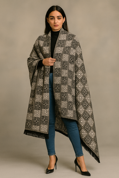 Elegant Black & Beige Wool Stoler  Geometric Floral Pattern