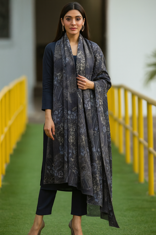 Elegant Printed Pashmina Shawl Navy & Grey Floral Pattern