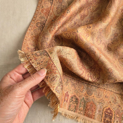 Reversible Kani Silk Zari Shawl - Beige Gold Paisley Pashmina Wrap